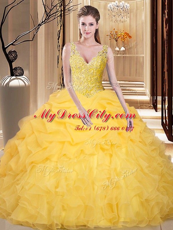 Sexy Gold Ball Gowns Lace and Appliques and Ruffles and Pick Ups Vestidos de Quinceanera Backless Organza Sleeveless Floor Length