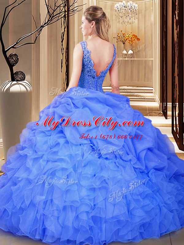 Sexy Gold Ball Gowns Lace and Appliques and Ruffles and Pick Ups Vestidos de Quinceanera Backless Organza Sleeveless Floor Length