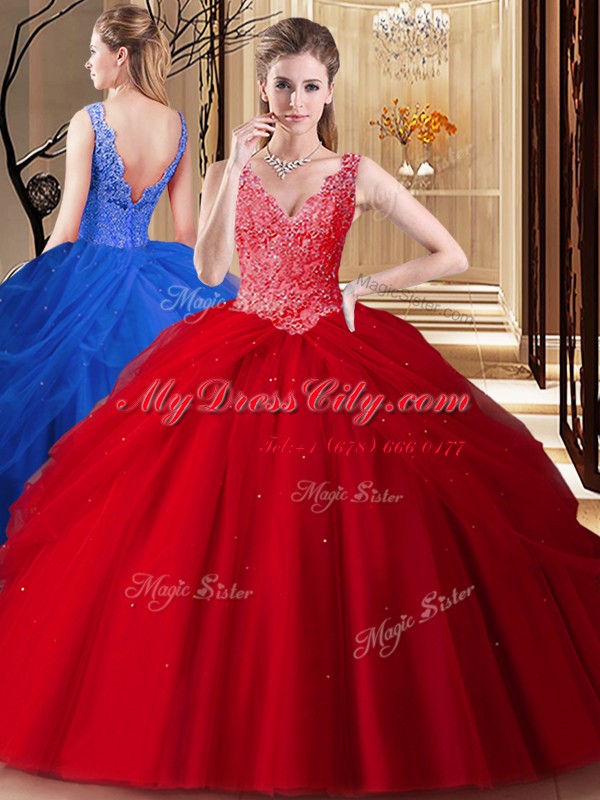 Red Backless V-neck Lace and Appliques and Pick Ups Sweet 16 Quinceanera Dress Tulle Sleeveless