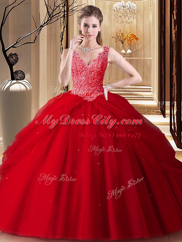 Red Backless V-neck Lace and Appliques and Pick Ups Sweet 16 Quinceanera Dress Tulle Sleeveless