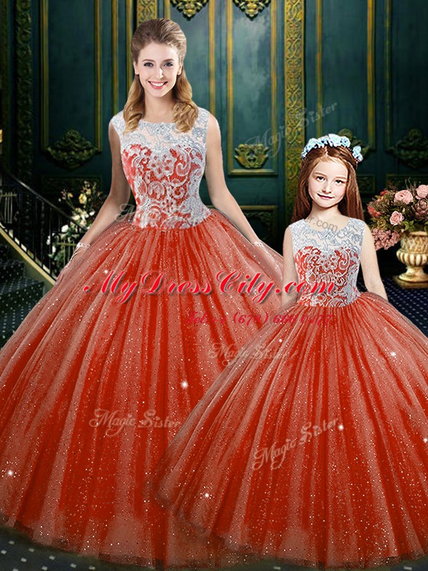 Free and Easy Orange Red Ball Gowns Lace Quinceanera Dresses Zipper Tulle Sleeveless Floor Length