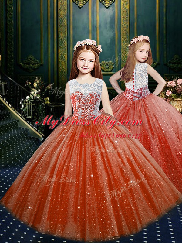 Free and Easy Orange Red Ball Gowns Lace Quinceanera Dresses Zipper Tulle Sleeveless Floor Length