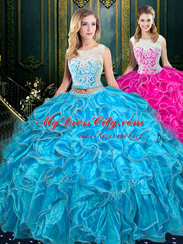 Fine Scoop Baby Blue Two Pieces Lace and Ruffles 15 Quinceanera Dress Zipper Organza Sleeveless Floor Length