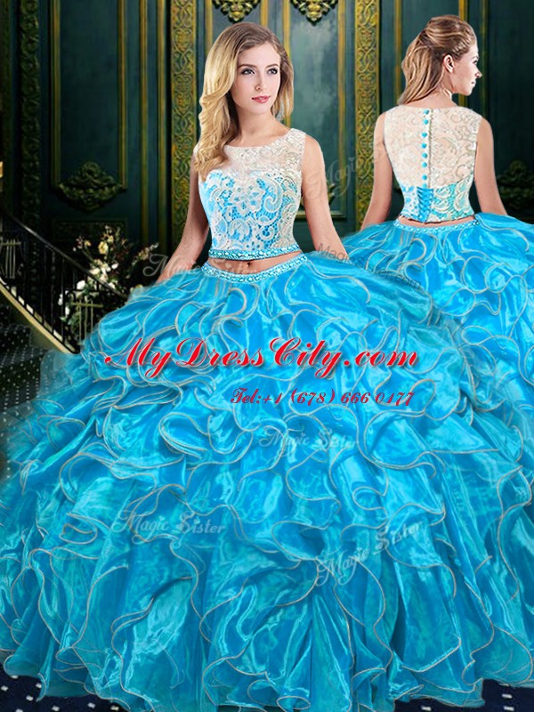 Fine Scoop Baby Blue Two Pieces Lace and Ruffles 15 Quinceanera Dress Zipper Organza Sleeveless Floor Length