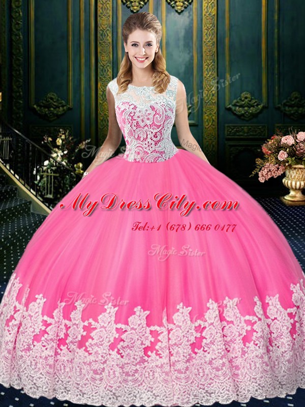 Stunning Scoop Lace and Appliques Quinceanera Dresses Rose Pink Zipper Sleeveless Floor Length