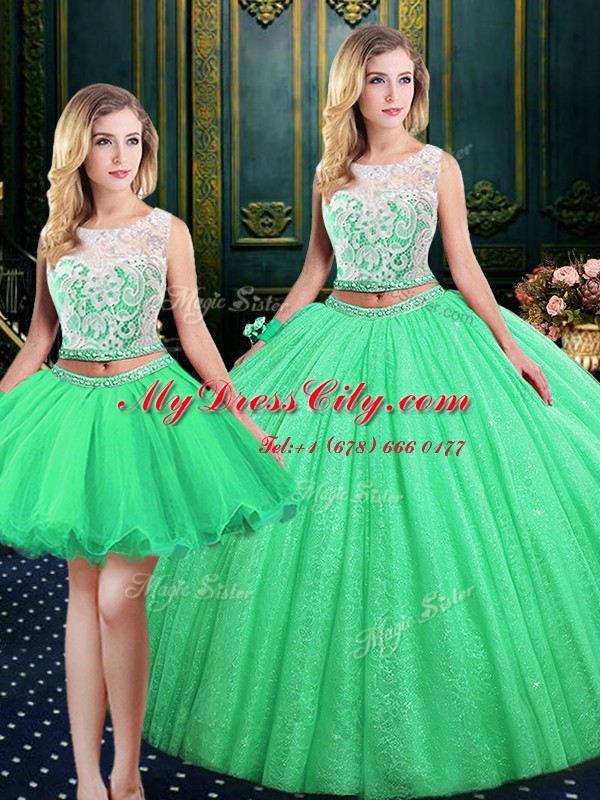 New Arrival Three Piece Lace Up Scoop Lace and Sequins Sweet 16 Quinceanera Dress Tulle and Sequined Sleeveless