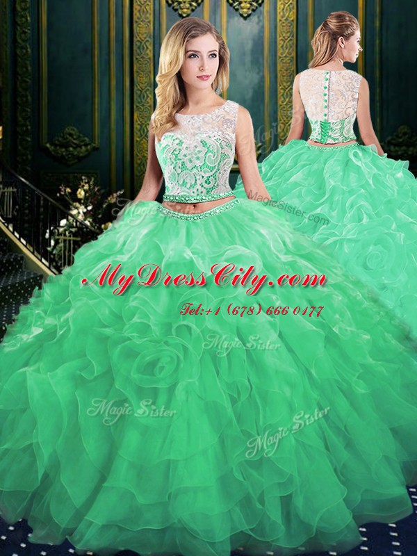 High Quality Scoop Green Two Pieces Lace and Appliques and Ruffles Ball Gown Prom Dress Zipper Organza Sleeveless