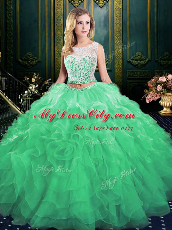 High Quality Scoop Green Two Pieces Lace and Appliques and Ruffles Ball Gown Prom Dress Zipper Organza Sleeveless