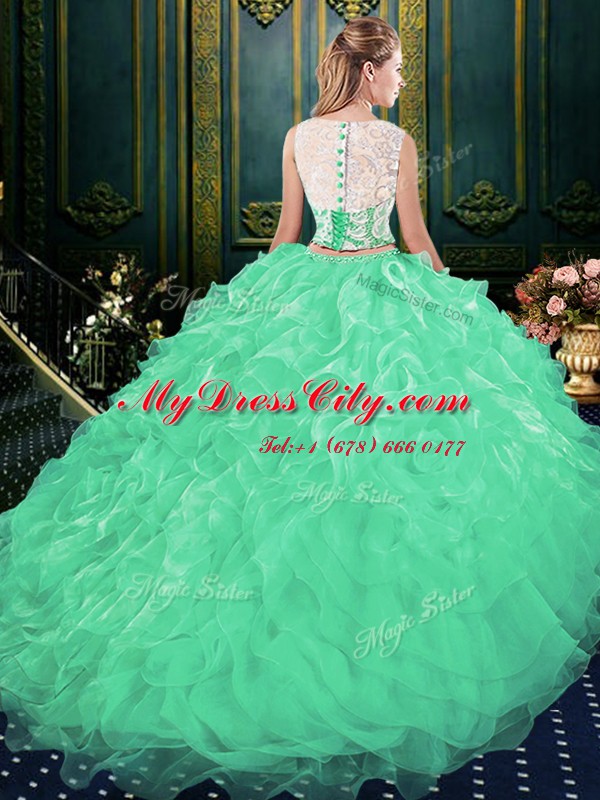 High Quality Scoop Green Two Pieces Lace and Appliques and Ruffles Ball Gown Prom Dress Zipper Organza Sleeveless