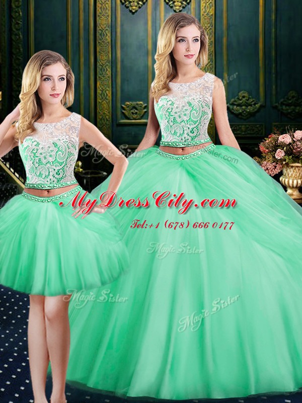 Extravagant Three Piece Scoop Sleeveless Floor Length Lace and Pick Ups Lace Up Quinceanera Dress with Apple Green