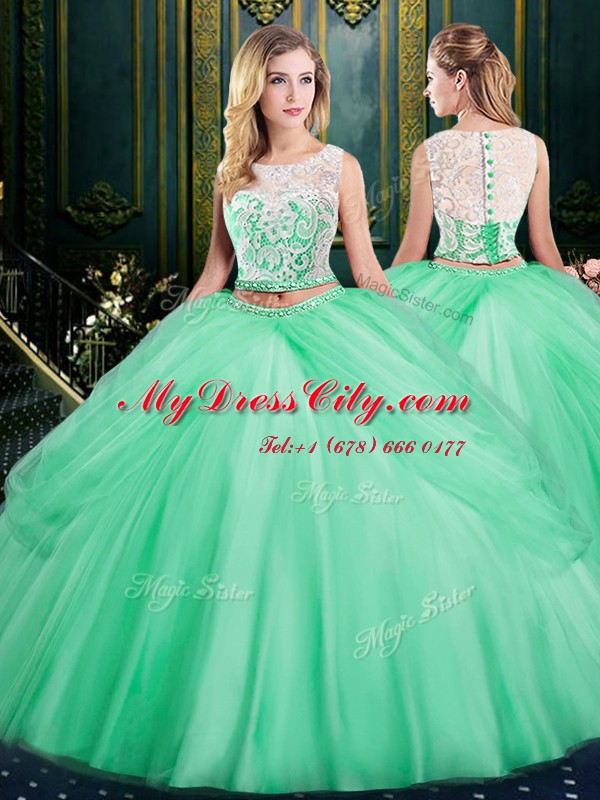 Extravagant Three Piece Scoop Sleeveless Floor Length Lace and Pick Ups Lace Up Quinceanera Dress with Apple Green