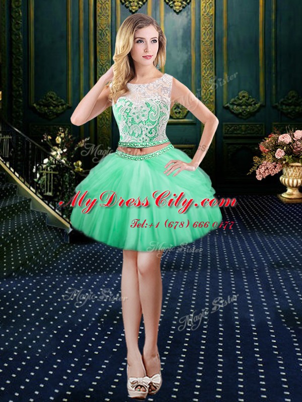 Extravagant Three Piece Scoop Sleeveless Floor Length Lace and Pick Ups Lace Up Quinceanera Dress with Apple Green