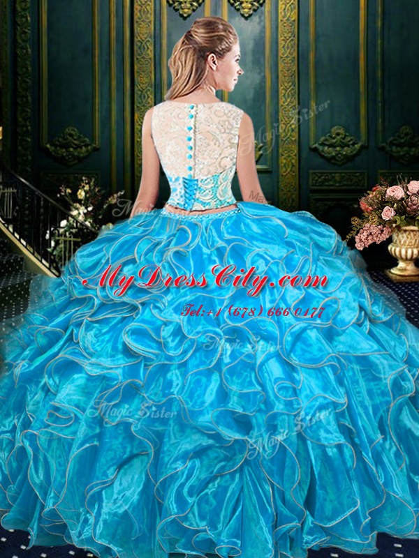 Low Price Scoop Sleeveless Organza Floor Length Zipper Quinceanera Gown in Baby Blue with Lace and Ruffles