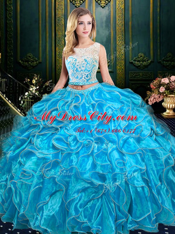 Low Price Scoop Sleeveless Organza Floor Length Zipper Quinceanera Gown in Baby Blue with Lace and Ruffles