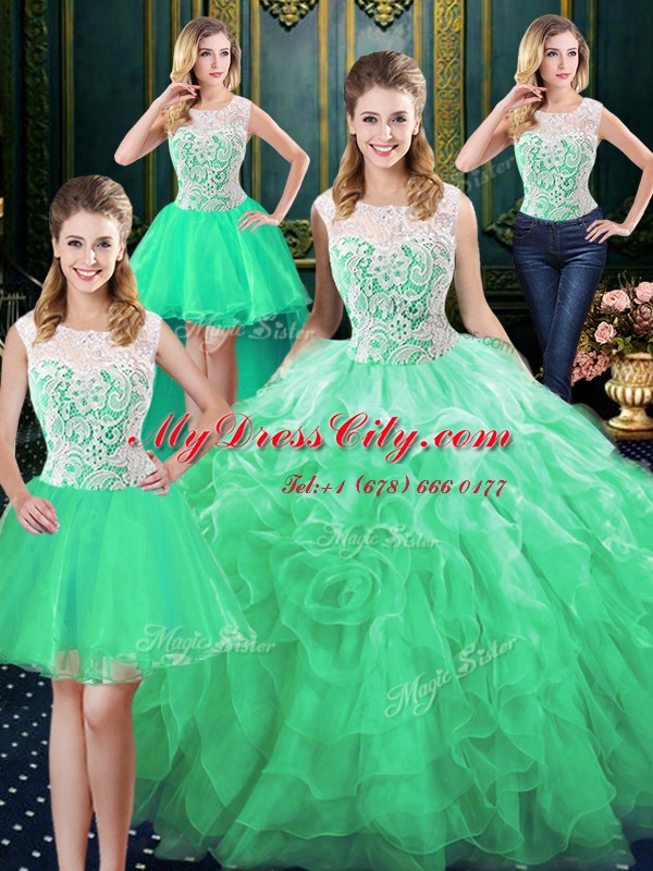 Four Piece Scoop Lace and Ruffles Quinceanera Dresses Green Zipper Sleeveless Floor Length