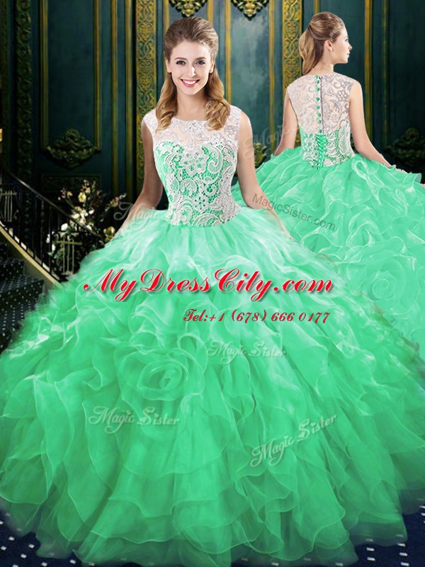 Four Piece Scoop Lace and Ruffles Quinceanera Dresses Green Zipper Sleeveless Floor Length