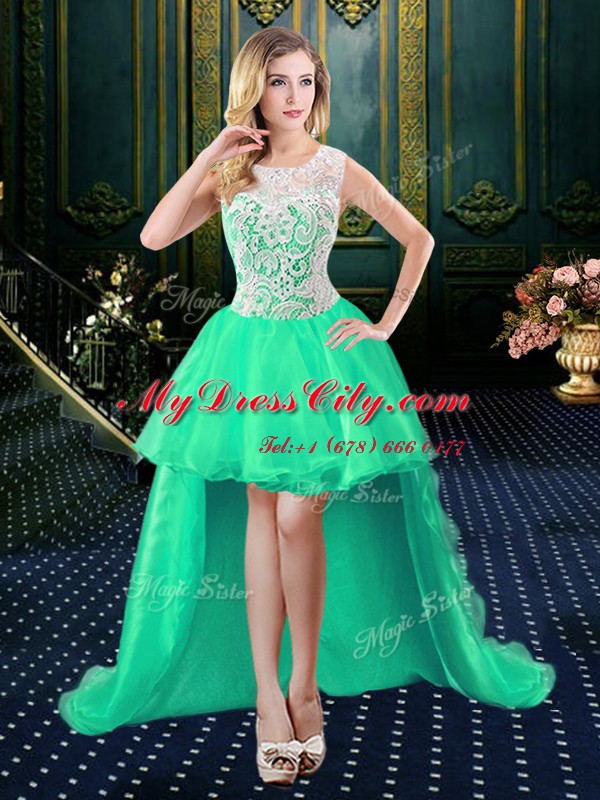 Four Piece Scoop Lace and Ruffles Quinceanera Dresses Green Zipper Sleeveless Floor Length