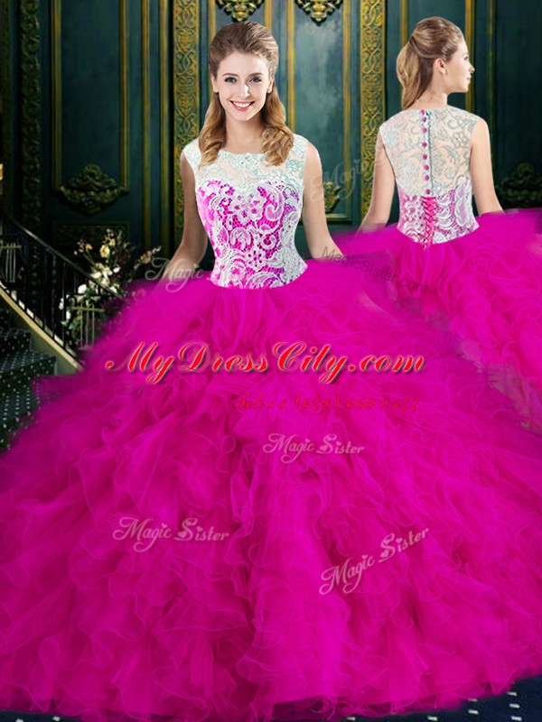 Attractive Fuchsia Zipper Scoop Lace and Ruffles Quinceanera Dress Tulle Sleeveless