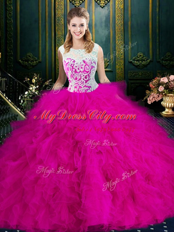 Attractive Fuchsia Zipper Scoop Lace and Ruffles Quinceanera Dress Tulle Sleeveless