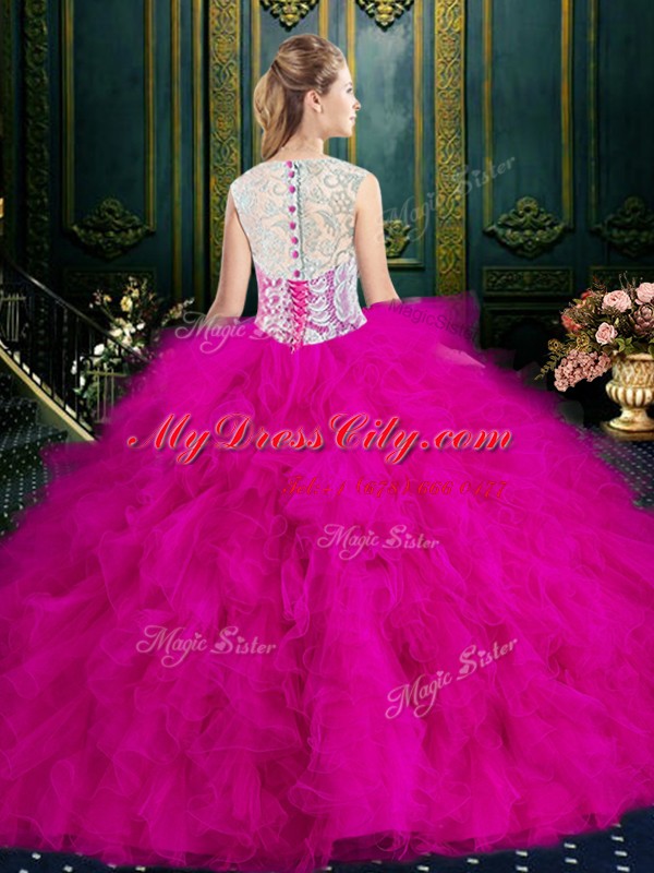 Attractive Fuchsia Zipper Scoop Lace and Ruffles Quinceanera Dress Tulle Sleeveless