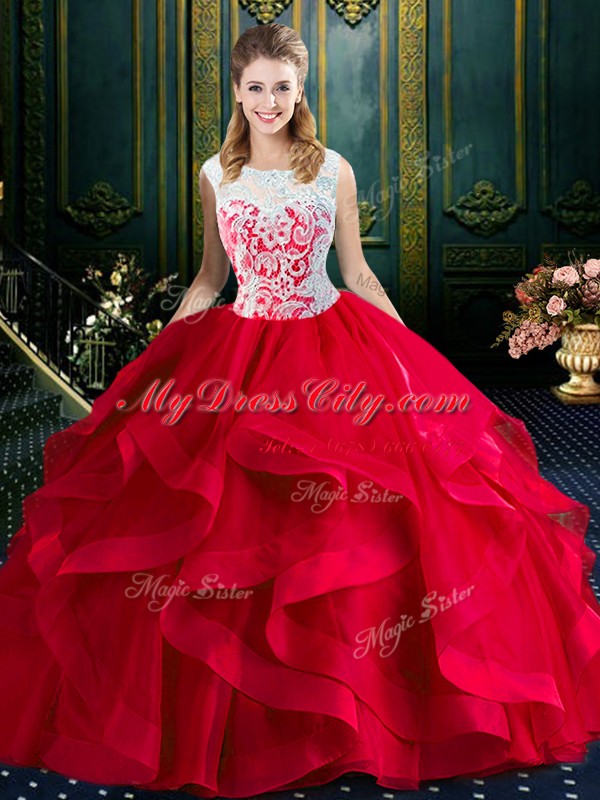 Latest Square Sleeveless Tulle Sweet 16 Quinceanera Dress Lace and Ruffles Brush Train Zipper