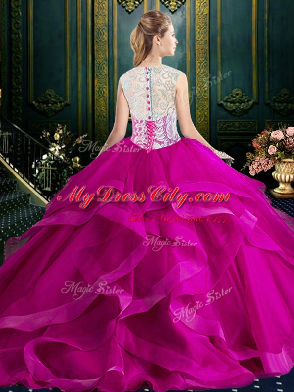 Latest Square Sleeveless Tulle Sweet 16 Quinceanera Dress Lace and Ruffles Brush Train Zipper