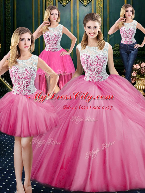 On Sale Four Piece Scoop Rose Pink Zipper 15 Quinceanera Dress Lace and Appliques and Pick Ups Sleeveless Floor Length