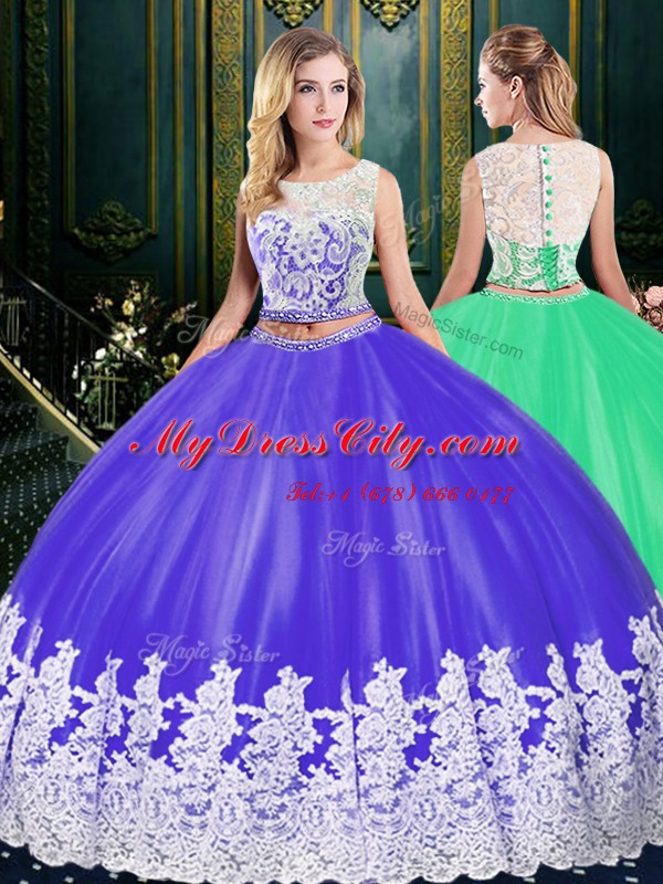 Scoop Floor Length Purple 15 Quinceanera Dress Tulle Sleeveless Lace and Appliques