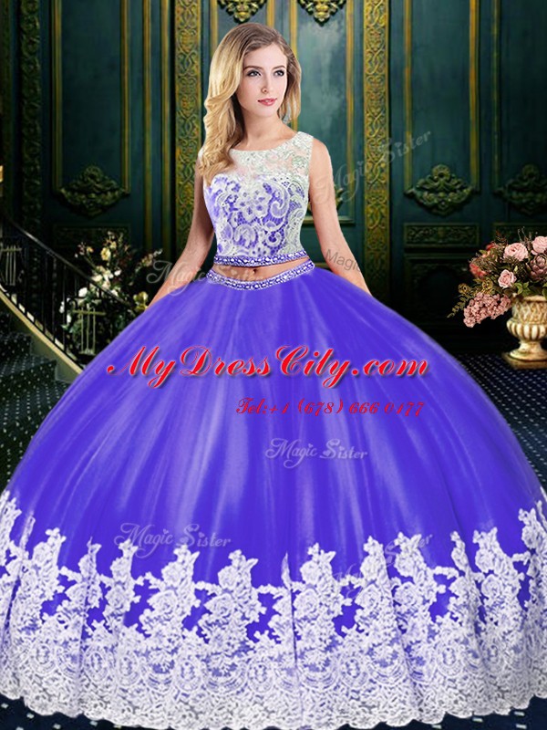 Scoop Floor Length Purple 15 Quinceanera Dress Tulle Sleeveless Lace and Appliques