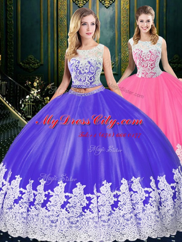 Scoop Floor Length Purple 15 Quinceanera Dress Tulle Sleeveless Lace and Appliques