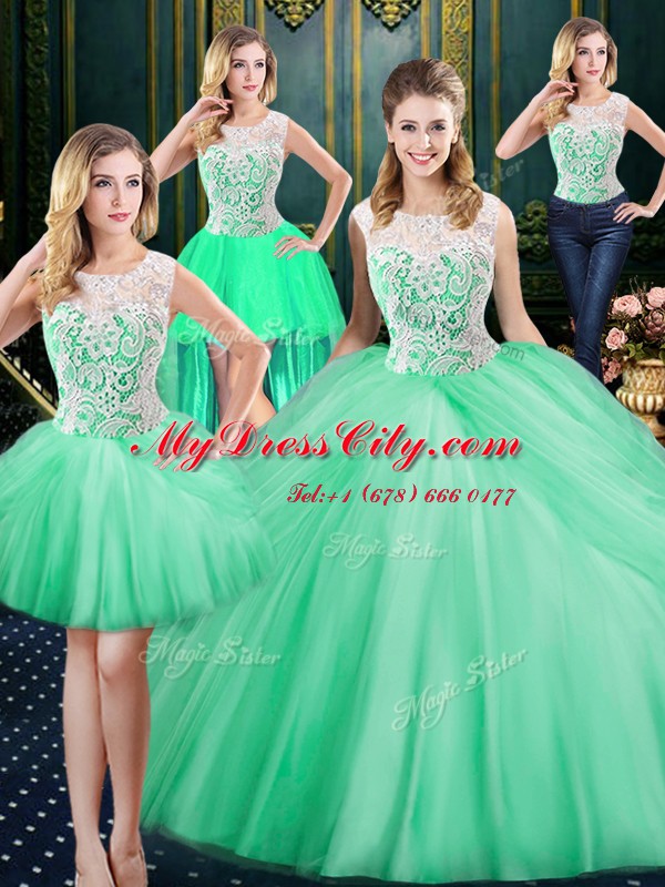 Sexy Four Piece Scoop Sleeveless Tulle Floor Length Zipper Quince Ball Gowns in Apple Green with Lace and Pick Ups