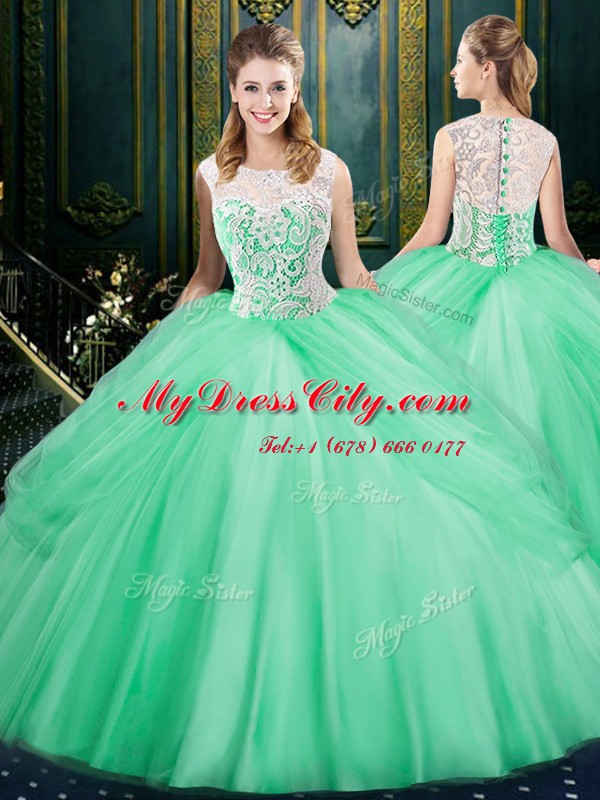 Sexy Four Piece Scoop Sleeveless Tulle Floor Length Zipper Quince Ball Gowns in Apple Green with Lace and Pick Ups