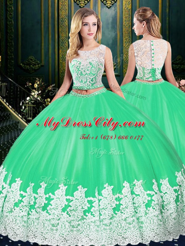 Scoop Apple Green Sleeveless Floor Length Lace and Appliques Zipper Vestidos de Quinceanera