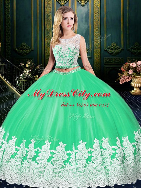 Scoop Apple Green Sleeveless Floor Length Lace and Appliques Zipper Vestidos de Quinceanera