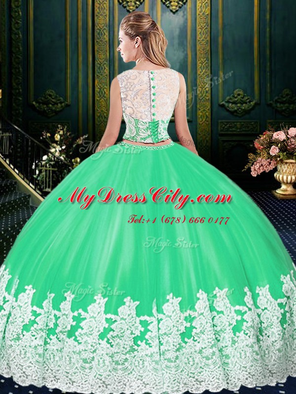 Scoop Apple Green Sleeveless Floor Length Lace and Appliques Zipper Vestidos de Quinceanera