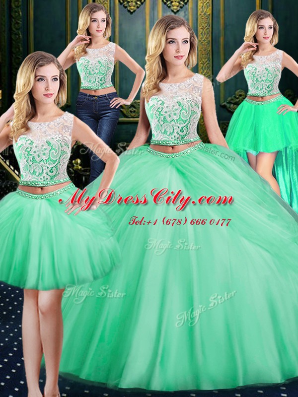 Elegant Four Piece Scoop Apple Green Sleeveless Floor Length Lace and Pick Ups Zipper 15th Birthday Dress