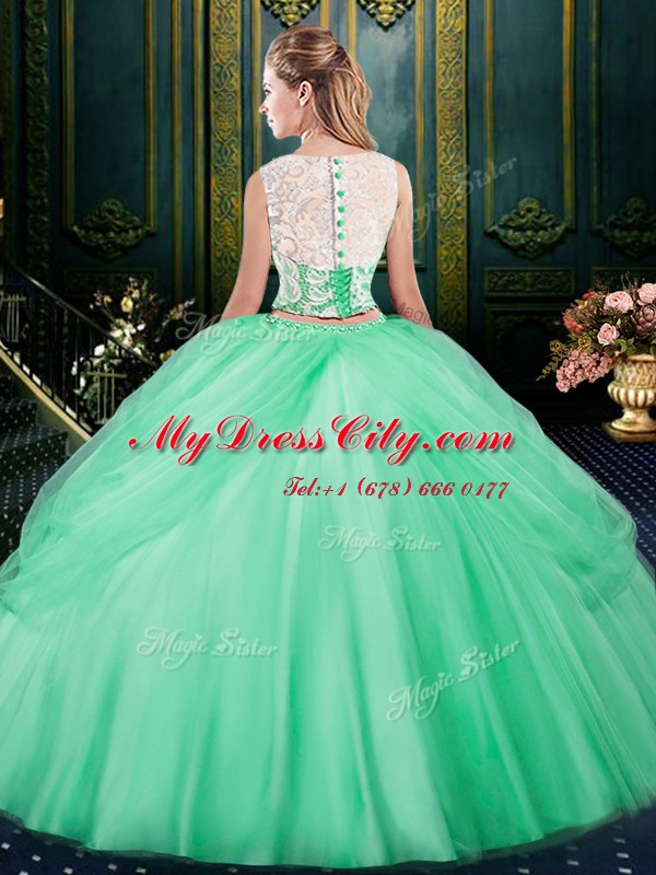 Lovely Scoop Apple Green Two Pieces Lace and Pick Ups 15 Quinceanera Dress Zipper Satin and Tulle Sleeveless Floor Length