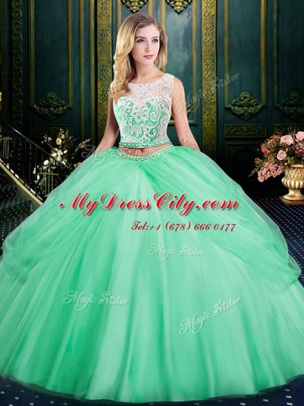 Lovely Scoop Apple Green Two Pieces Lace and Pick Ups 15 Quinceanera Dress Zipper Satin and Tulle Sleeveless Floor Length