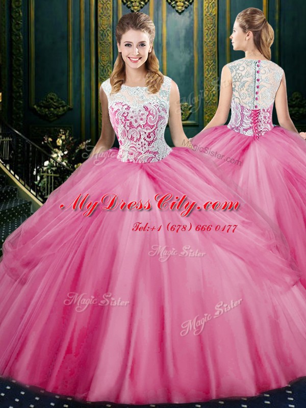 Rose Pink Ball Gowns Scoop Sleeveless Tulle Floor Length Zipper Lace and Pick Ups Quinceanera Dress