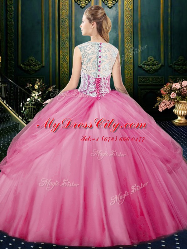 Rose Pink Ball Gowns Scoop Sleeveless Tulle Floor Length Zipper Lace and Pick Ups Quinceanera Dress