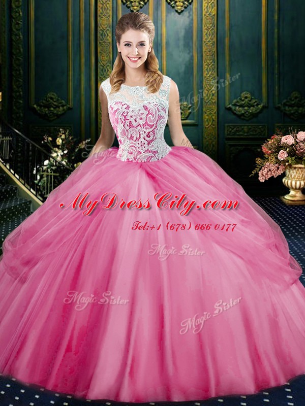 Rose Pink Ball Gowns Scoop Sleeveless Tulle Floor Length Zipper Lace and Pick Ups Quinceanera Dress