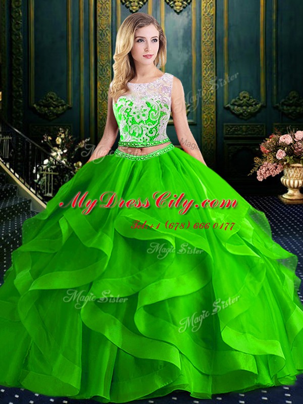 Scoop With Train Zipper 15th Birthday Dress for Military Ball and Sweet 16 and Quinceanera with Lace and Ruffles Brush Train