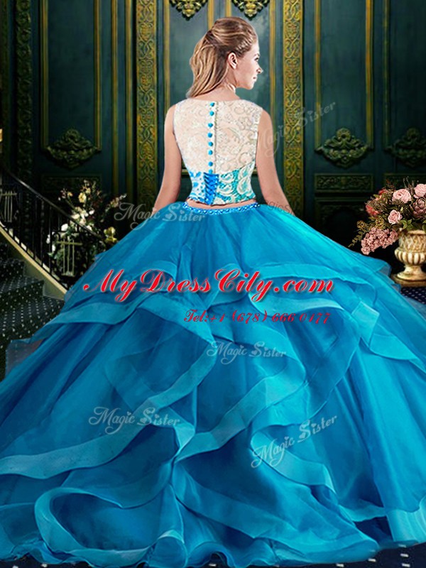 Scoop With Train Zipper 15th Birthday Dress for Military Ball and Sweet 16 and Quinceanera with Lace and Ruffles Brush Train