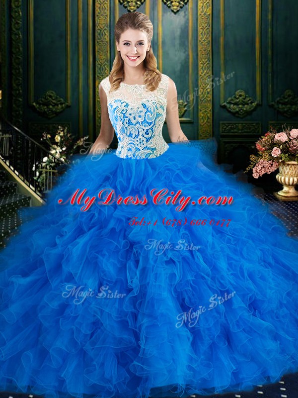 Modest Floor Length Blue 15th Birthday Dress Scoop Sleeveless Zipper