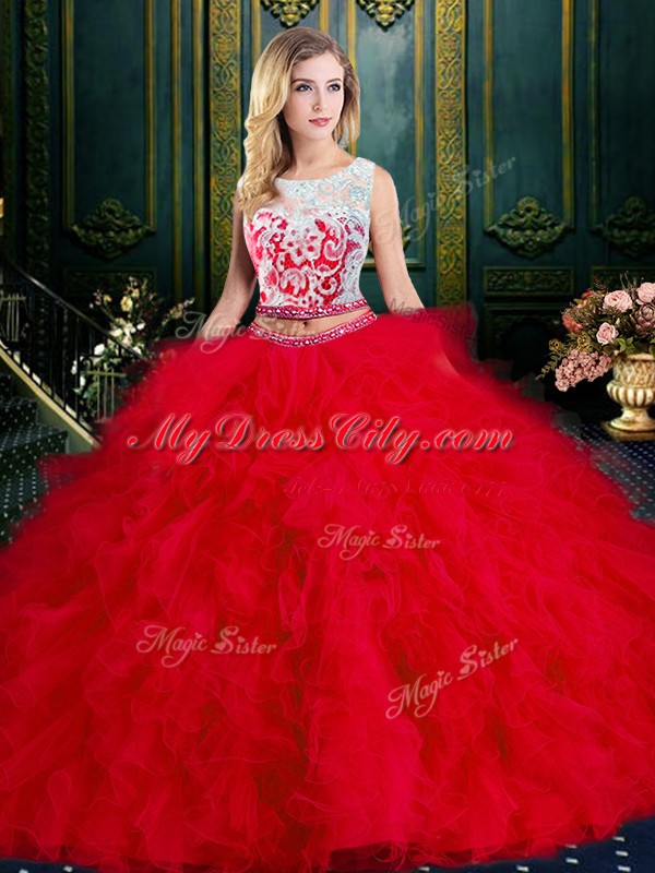 Sumptuous Scoop Floor Length Zipper 15 Quinceanera Dress Red for Military Ball and Sweet 16 and Quinceanera with Lace and Ruffles