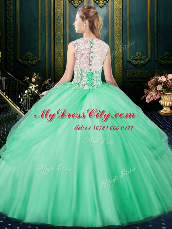 Apple Green Ball Gowns Scoop Sleeveless Tulle Floor Length Zipper Lace and Pick Ups Quince Ball Gowns