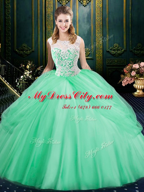 Apple Green Ball Gowns Scoop Sleeveless Tulle Floor Length Zipper Lace and Pick Ups Quince Ball Gowns