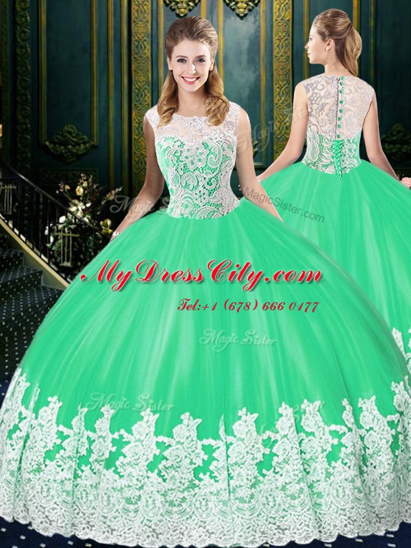 Scoop Lace and Appliques 15th Birthday Dress Apple Green Zipper Sleeveless Floor Length