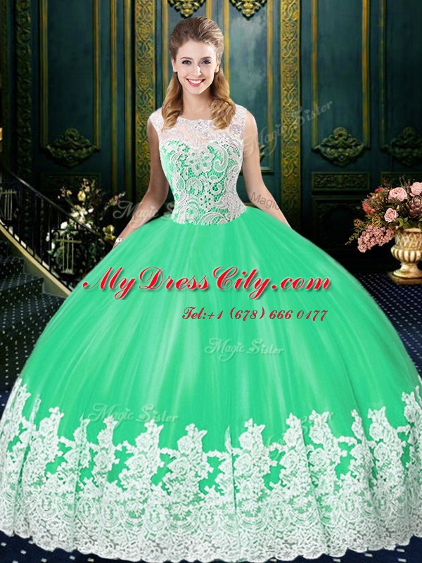 Scoop Lace and Appliques 15th Birthday Dress Apple Green Zipper Sleeveless Floor Length