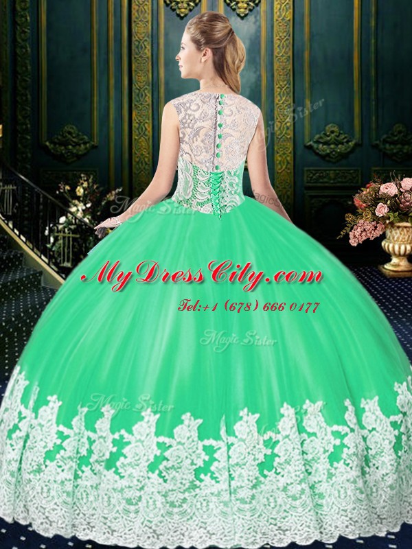 Scoop Lace and Appliques 15th Birthday Dress Apple Green Zipper Sleeveless Floor Length